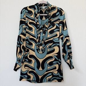 Diane von Furstenberg Silk Ruffle Abstract Print Shift Dress Blue Tan Size 4